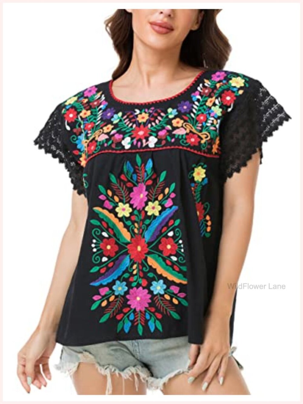 Embroidered Cotton Peasant Blouse Short Sleeve Summer Top